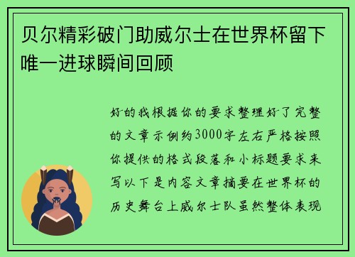 贝尔精彩破门助威尔士在世界杯留下唯一进球瞬间回顾
