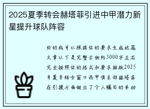 2025夏季转会赫塔菲引进中甲潜力新星提升球队阵容